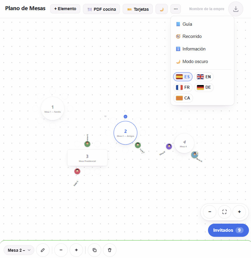 Plano de asientos online con mesas, invitados y herramientas de exportación